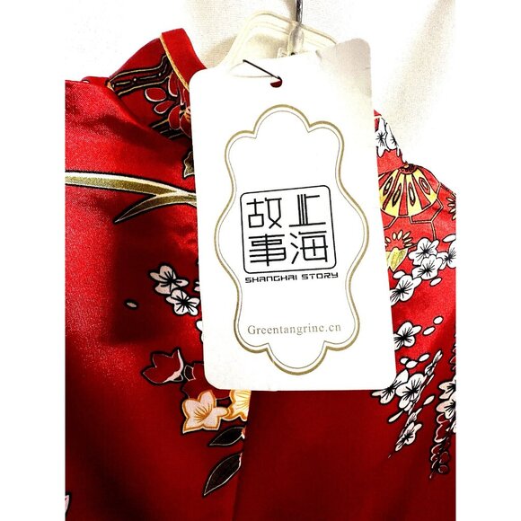 Asian Chinese Red Floral Dress S ? M? Mandarin Collar Short Slvs. Long Slits NWT - Picture 7 of 16